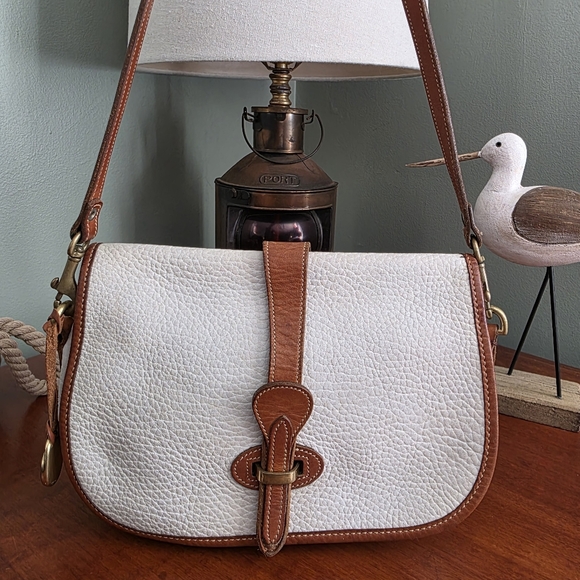 Dooney & Bourke Handbags - Dooney & Bourke Equestrian Crossbody White Tan Pebbled Leather Bag Vintage 80s